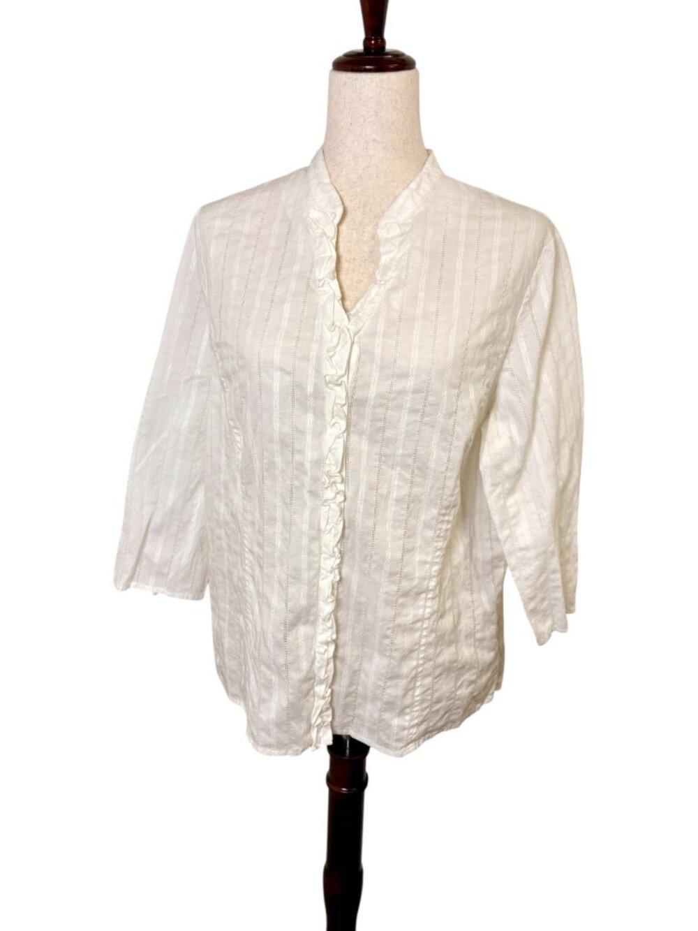 Vintage Evan-Picone White Cotton Button Front Ruffle Blouse Romantic Size 14